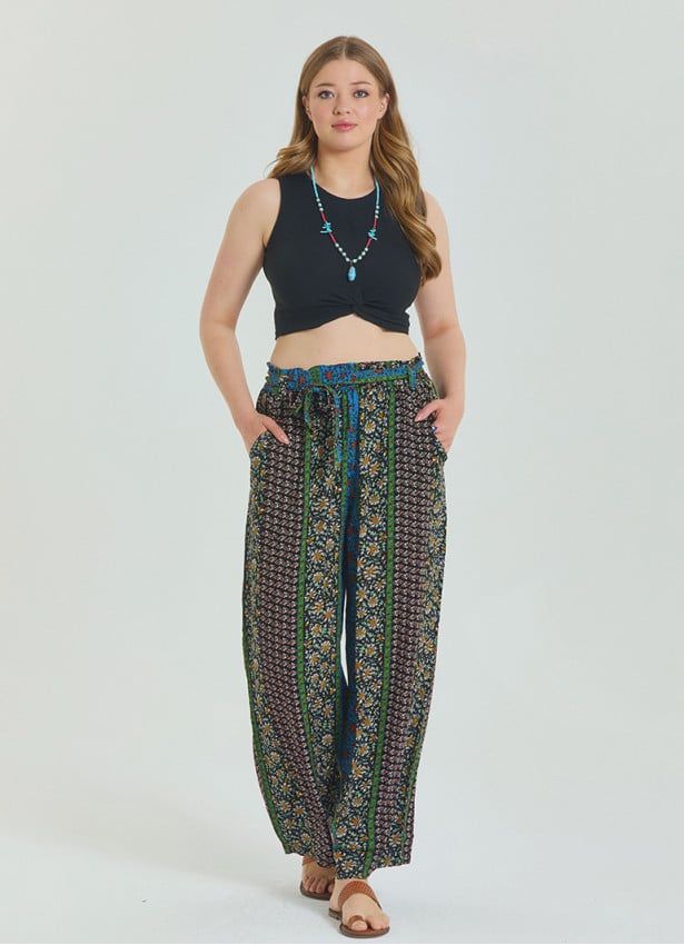 Navy Blue Women's Plus Size Trousers with Elastic Waist Belt Detail 4619
